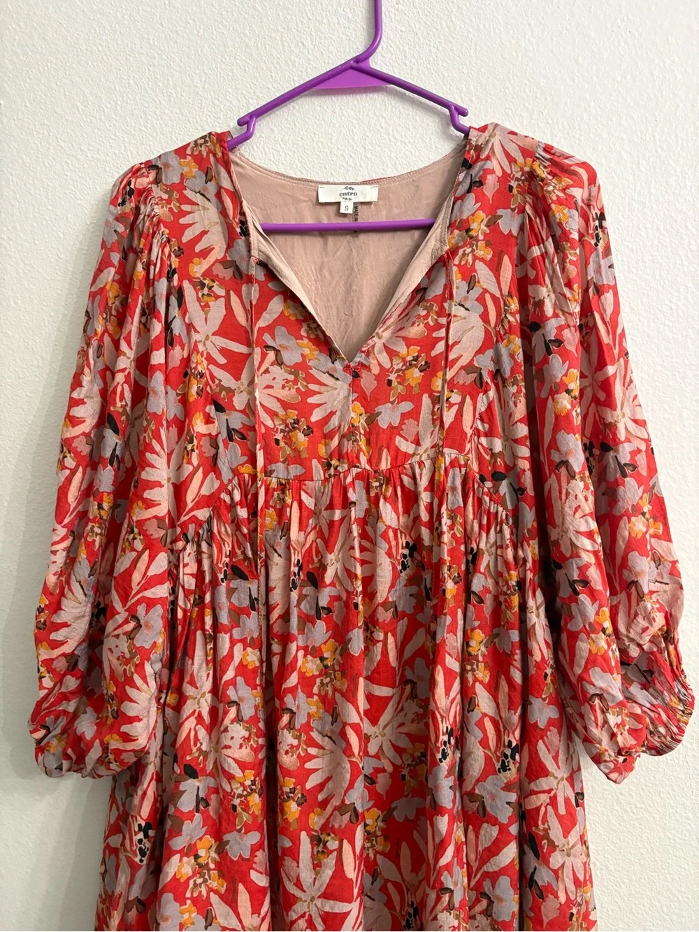 entro Red Floral Puff-Sleeve Kids Dress